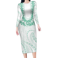 Aloha Lei Onaona Long Sleeve Bodycon Dress Sage Green Hawaiian Tribal Pattern