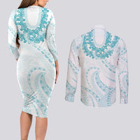 Aloha Lei Onaona Couples Matching Long Sleeve Bodycon Dress and Long Sleeve Button Shirt Teal Hawaiian Tribal Pattern LT9 - Polynesian Pride