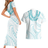 Aloha Lei Onaona Couples Matching Short Sleeve Bodycon Dress and Hawaiian Shirt Teal Hawaiian Tribal Pattern LT9 - Polynesian Pride