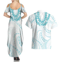Aloha Lei Onaona Couples Matching Summer Maxi Dress and Hawaiian Shirt Teal Hawaiian Tribal Pattern LT9 - Polynesian Pride