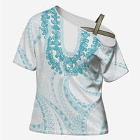Aloha Lei Onaona Cross Shoulder Shirt Teal Hawaiian Tribal Pattern - Polynesian Pride