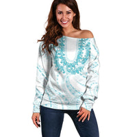 Aloha Lei Onaona Off Shoulder Sweater Teal Hawaiian Tribal Pattern