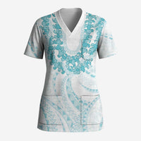 Aloha Lei Onaona Scrub Top Teal Hawaiian Tribal Pattern - Polynesian Pride