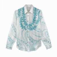 Aloha Lei Onaona Women Casual Shirt Teal Hawaiian Tribal Pattern