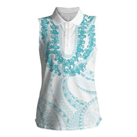 Aloha Lei Onaona Women Sleeveless Polo Shirt Teal Hawaiian Tribal Pattern