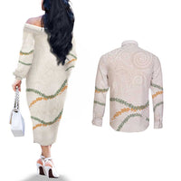 Aloha Lei Mikioi Couples Matching Off The Shoulder Long Sleeve Dress and Long Sleeve Button Shirt Beige Polynesian Tribal Tatau Pattern LT9 - Polynesian Pride