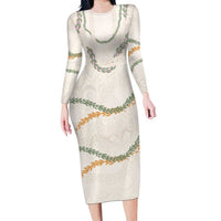 Aloha Lei Mikioi Long Sleeve Bodycon Dress Beige Polynesian Tribal Tatau Pattern