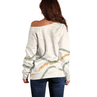Aloha Lei Mikioi Off Shoulder Sweater Beige Polynesian Tribal Tatau Pattern