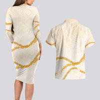 Aloha Lei Mikioi Couples Matching Long Sleeve Bodycon Dress and Hawaiian Shirt Gold Polynesian Tribal Tatau Pattern
