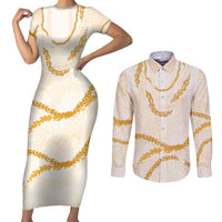 Aloha Lei Mikioi Couples Matching Short Sleeve Bodycon Dress and Long Sleeve Button Shirt Gold Polynesian Tribal Tatau Pattern LT9 Gold - Polynesian Pride