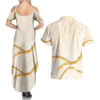 Aloha Lei Mikioi Couples Matching Summer Maxi Dress and Hawaiian Shirt Gold Polynesian Tribal Tatau Pattern LT9 - Polynesian Pride