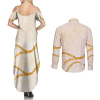 Aloha Lei Mikioi Couples Matching Summer Maxi Dress and Long Sleeve Button Shirt Gold Polynesian Tribal Tatau Pattern LT9 - Polynesian Pride
