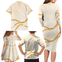Aloha Lei Mikioi Family Matching Long Sleeve Bodycon Dress and Hawaiian Shirt Gold Polynesian Tribal Tatau Pattern LT9 - Polynesian Pride