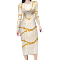 Aloha Lei Mikioi Family Matching Long Sleeve Bodycon Dress and Hawaiian Shirt Gold Polynesian Tribal Tatau Pattern LT9 Mom's Dress Gold - Polynesian Pride