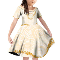 Aloha Lei Mikioi Family Matching Off Shoulder Short Dress and Hawaiian Shirt Gold Polynesian Tribal Tatau Pattern