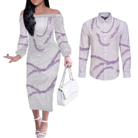 Aloha Lei Mikioi Couples Matching Off The Shoulder Long Sleeve Dress and Long Sleeve Button Shirt Purple Polynesian Tribal Tatau Pattern LT9 Purple - Polynesian Pride