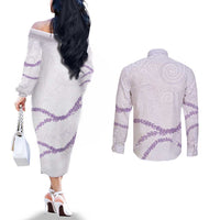 Aloha Lei Mikioi Couples Matching Off The Shoulder Long Sleeve Dress and Long Sleeve Button Shirt Purple Polynesian Tribal Tatau Pattern LT9 - Polynesian Pride