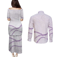 Aloha Lei Mikioi Couples Matching Puletasi and Long Sleeve Button Shirt Purple Polynesian Tribal Tatau Pattern