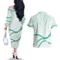 Aloha Lei Mikioi Couples Matching Off The Shoulder Long Sleeve Dress and Hawaiian Shirt Sage Green Polynesian Tribal Tatau Pattern