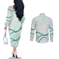 Aloha Lei Mikioi Couples Matching Off The Shoulder Long Sleeve Dress and Long Sleeve Button Shirt Sage Green Polynesian Tribal Tatau Pattern LT9 - Polynesian Pride