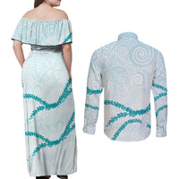 Aloha Lei Mikioi Couples Matching Off Shoulder Maxi Dress and Long Sleeve Button Shirt Teal Polynesian Tribal Tatau Pattern