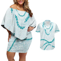 Aloha Lei Mikioi Couples Matching Off Shoulder Short Dress and Hawaiian Shirt Teal Polynesian Tribal Tatau Pattern LT9 Teal - Polynesian Pride