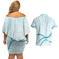 Aloha Lei Mikioi Couples Matching Off Shoulder Short Dress and Hawaiian Shirt Teal Polynesian Tribal Tatau Pattern LT9 - Polynesian Pride
