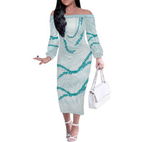 Aloha Lei Mikioi Family Matching Off The Shoulder Long Sleeve Dress and Hawaiian Shirt Teal Polynesian Tribal Tatau Pattern