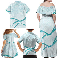 Aloha Lei Mikioi Family Matching Off Shoulder Maxi Dress and Hawaiian Shirt Teal Polynesian Tribal Tatau Pattern