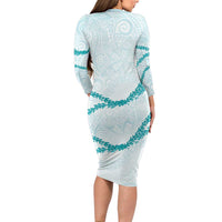 Aloha Lei Mikioi Long Sleeve Bodycon Dress Teal Polynesian Tribal Tatau Pattern