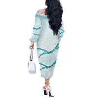 Aloha Lei Mikioi Off The Shoulder Long Sleeve Dress Teal Polynesian Tribal Tatau Pattern