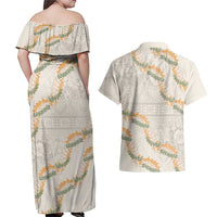 Aloha Pakalana and Puakenikeni Lei Couples Matching Off Shoulder Maxi Dress and Hawaiian Shirt Beige Hawaiian Pattern LT9 - Polynesian Pride