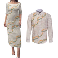 Aloha Pakalana and Puakenikeni Lei Couples Matching Puletasi and Long Sleeve Button Shirt Beige Hawaiian Pattern LT9 Beige - Polynesian Pride