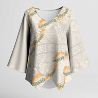 Aloha Pakalana and Puakenikeni Lei Kimono Sleeve Blouse Beige Hawaiian Pattern - Polynesian Pride