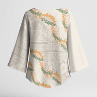 Aloha Pakalana and Puakenikeni Lei Kimono Sleeve Blouse Beige Hawaiian Pattern - Polynesian Pride