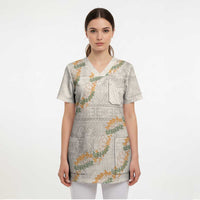 Aloha Pakalana and Puakenikeni Lei Scrub Top Beige Hawaiian Pattern - Polynesian Pride
