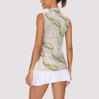 Aloha Pakalana and Puakenikeni Lei Women Sleeveless Polo Shirt Beige Hawaiian Pattern