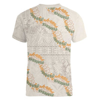 Aloha Pakalana and Puakenikeni Lei Women V-Neck T-Shirt Beige Hawaiian Pattern
