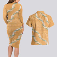 Aloha Pakalana and Puakenikeni Lei Couples Matching Long Sleeve Bodycon Dress and Hawaiian Shirt Gold Hawaiian Pattern LT9 - Polynesian Pride