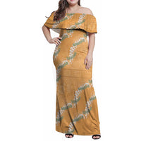 Aloha Pakalana and Puakenikeni Lei Family Matching Off Shoulder Maxi Dress and Hawaiian Shirt Gold Hawaiian Pattern