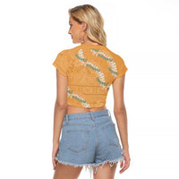 Aloha Pakalana and Puakenikeni Lei Raglan Cropped T Shirt Gold Hawaiian Pattern