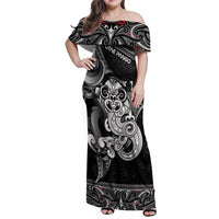 Personalised New Zealand Potae Pango Cricket Family Matching Off Shoulder Maxi Dress and Hawaiian Shirt Special Maori Hei Tiki Tribal Tattoo LT9 Mom's Dress Black - Polynesian Pride