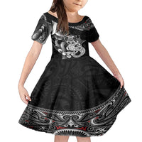 Personalised New Zealand Potae Pango Cricket Family Matching Short Sleeve Bodycon Dress and Hawaiian Shirt Special Maori Hei Tiki Tribal Tattoo LT9 Daughter's Dress Black - Polynesian Pride