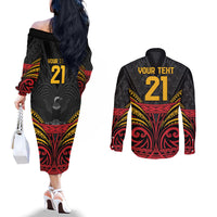 Custom Papua New Guinea Cricket Couples Matching Off The Shoulder Long Sleeve Dress and Long Sleeve Button Shirt PNG Emblem Mix Polyneisan Pattern