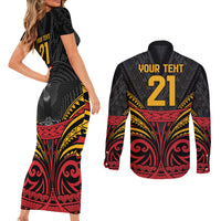 Custom Papua New Guinea Cricket Couples Matching Short Sleeve Bodycon Dress and Long Sleeve Button Shirt PNG Emblem Mix Polyneisan Pattern