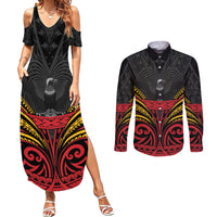 Custom Papua New Guinea Cricket Couples Matching Summer Maxi Dress and Long Sleeve Button Shirt PNG Emblem Mix Polyneisan Pattern