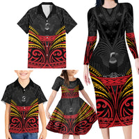 Custom Papua New Guinea Cricket Family Matching Long Sleeve Bodycon Dress and Hawaiian Shirt PNG Emblem Mix Polyneisan Pattern
