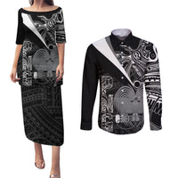 Custom Papua New Guinea Cricket Couples Matching Puletasi and Long Sleeve Button Shirt Tribal Bird of Paradise Tattoo