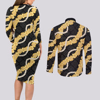 Aloha Melemele Hibiscus Pikake Lei Couples Matching Long Sleeve Bodycon Dress and Long Sleeve Button Shirt Hawaiian Quilt Pattern