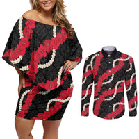 Aloha Ula'ula Hibiscus Pikake Lei Couples Matching Off Shoulder Short Dress and Long Sleeve Button Shirt Hawaiian Quilt Pattern